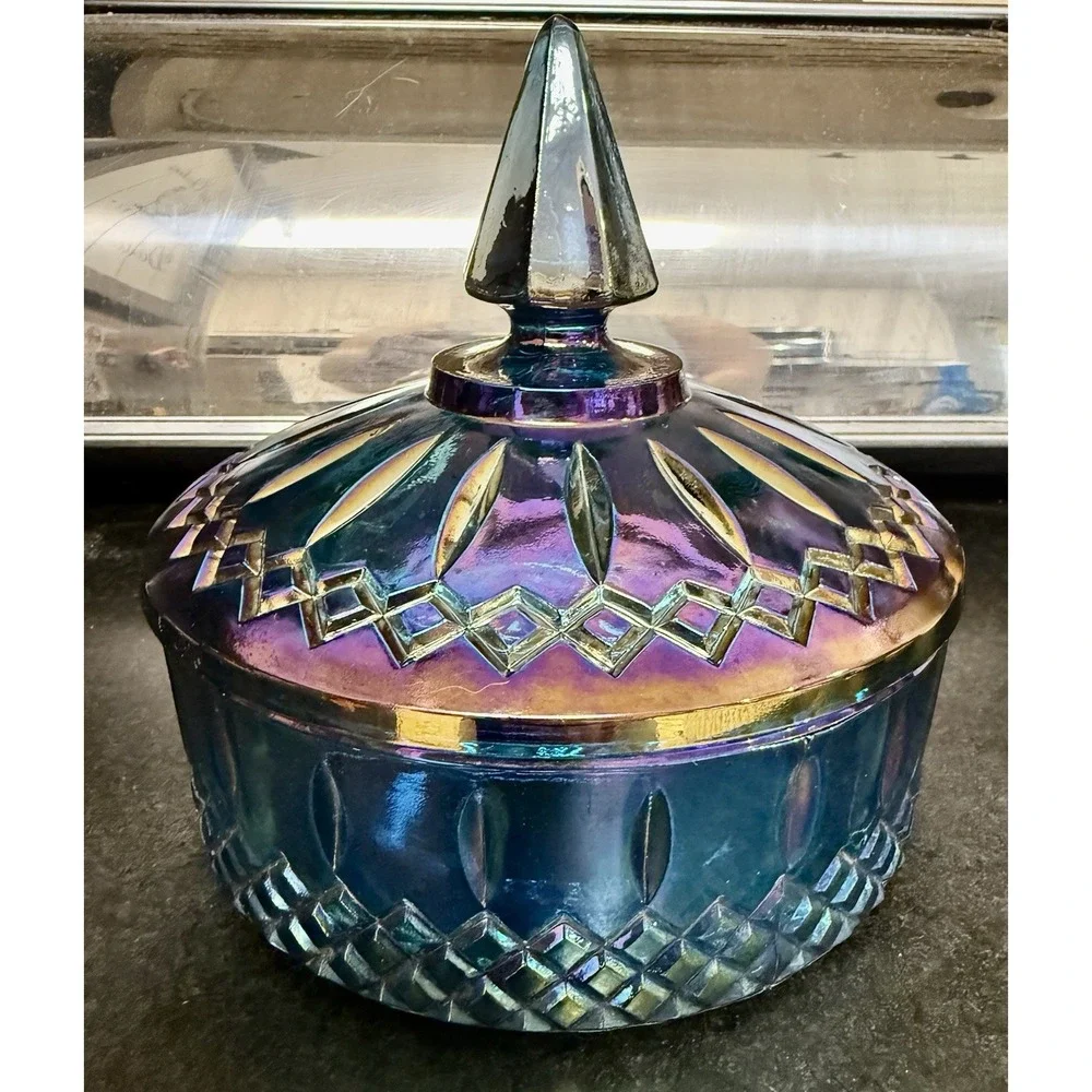 Vintage Indiana Glass Princess Blue Carnival Iridescent Candy Dish Bowl With Lid